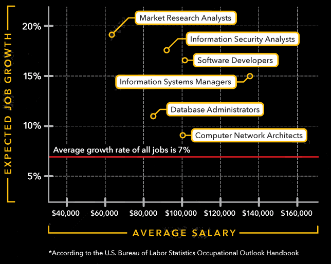 Infographic highlighting the high growth rate and high salaries for jobs in the technology field.